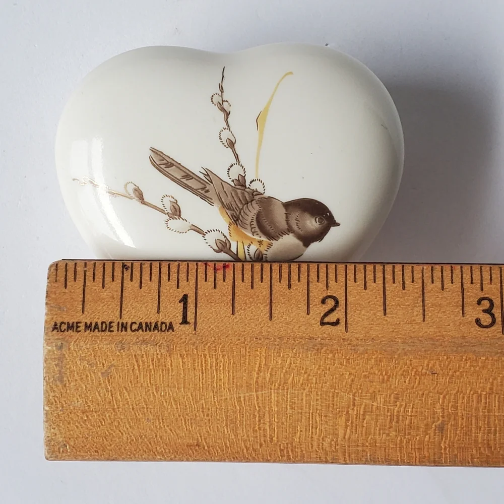 Otagiri Heart-Shaped Lidded Trinket Box  Bird & Pussywillows Vintage Japan - Picture 7 of 9